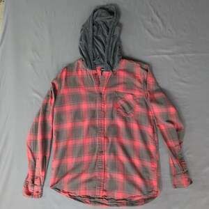 Hot Topic Hooded Plaid 90s Style Flannel Shirt Mens M Red Gray Grunge Skater